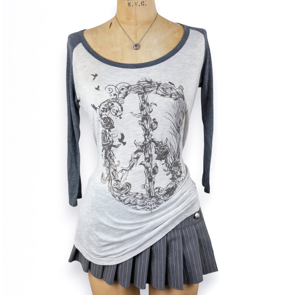 Y2K Women S Miss Me 3/4 Sleeve Raglan Top Peace Sign Rhinestone Grunge Indie